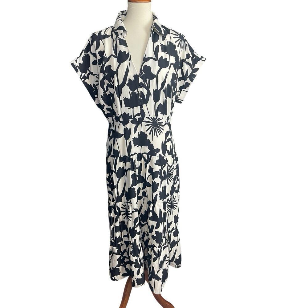 WD.NY Womens Black White Floral Midi Dress Tiered Button Front Collar XL
